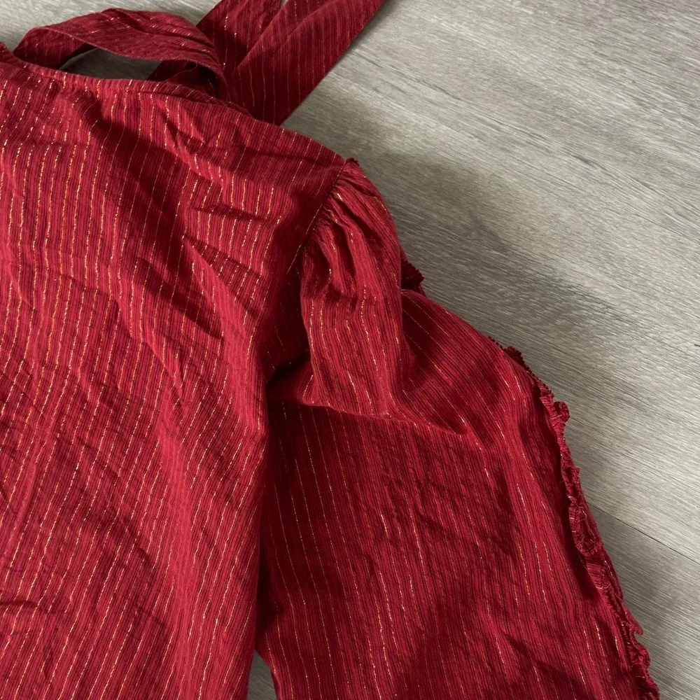 Ulla Johnson Julie Blouse Size 6 Red Gold Tie Neck Puff Sleeve‎ Metallic Stripe